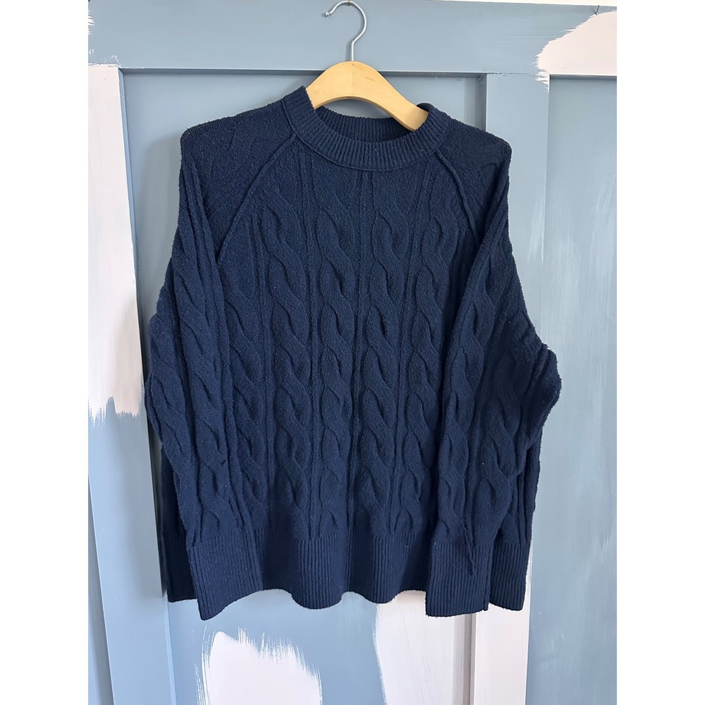 Aerie Womens Navy Blue Cable Knit Crew Neck Raglan Sleeve Pullover Sweater Small